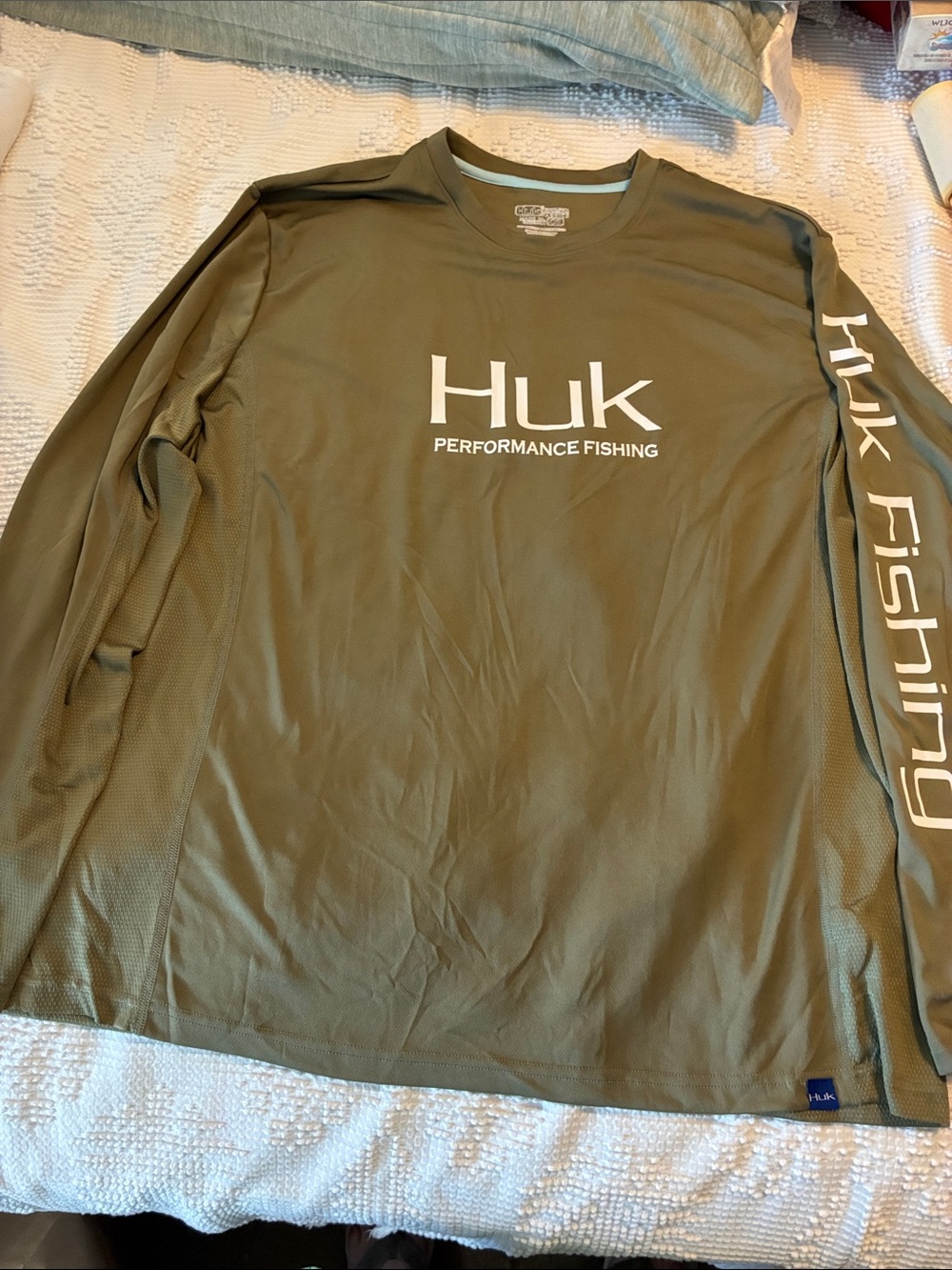 Huk Olive Long Sleeve Performance Fishing Tee with White Logo